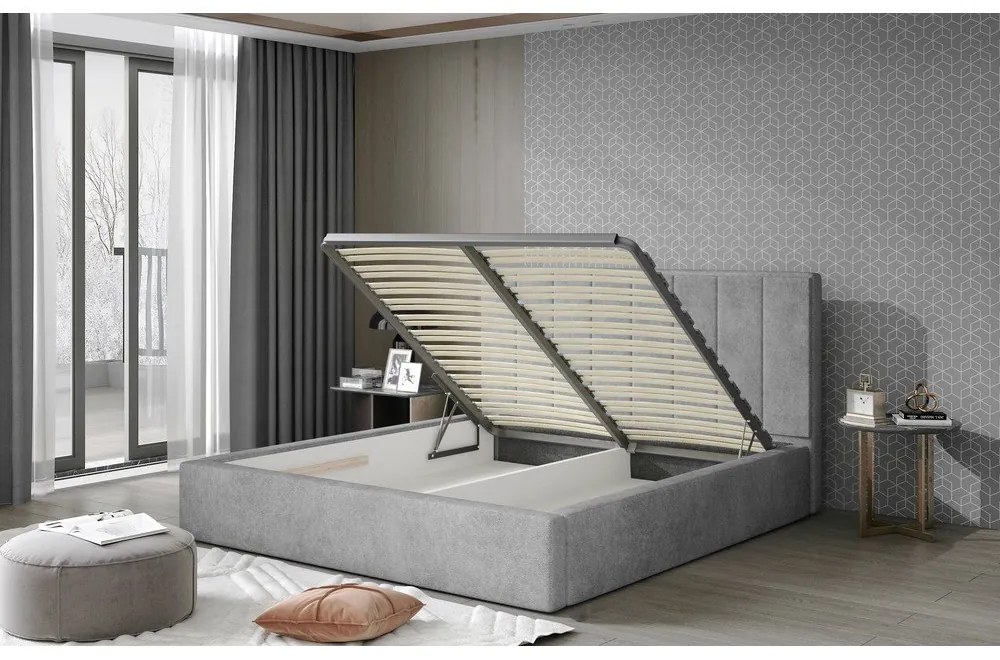 Сиво двойно легло 200x200 cm тапицирано с място за съхранение с включена подматрачна рамка Audrey – ELTAP