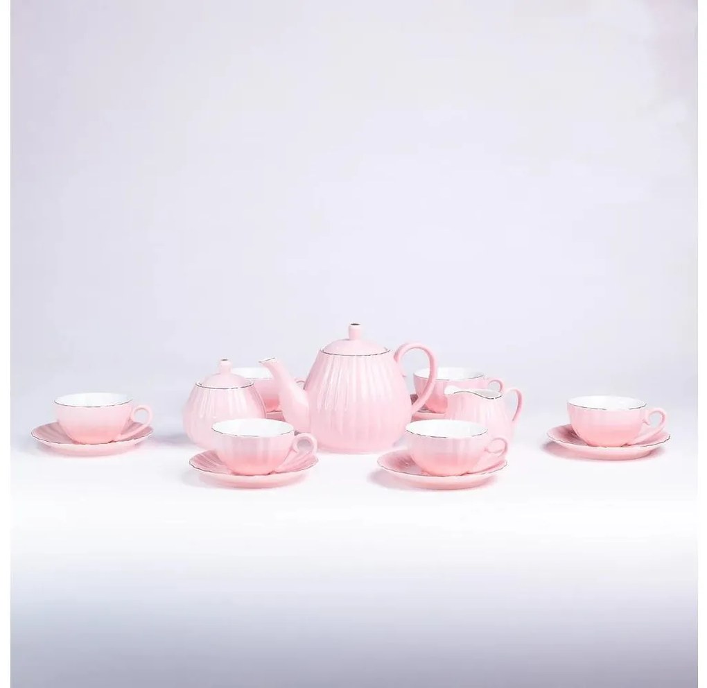 Порцеланов комплект за кафе, 15 части, розов