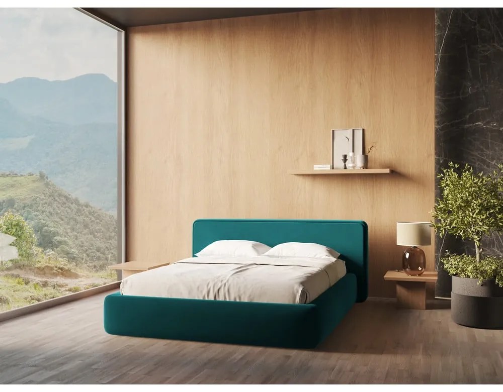 Тюркоазено двойно тапицирано легло с място за съхранение и включена подматрачна рамка 160x200 cm Kiana – Makamii