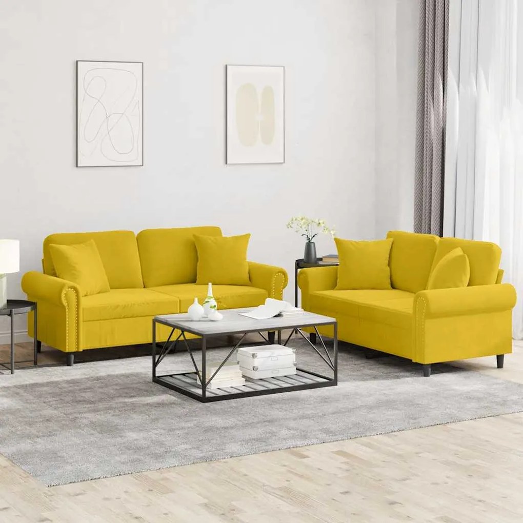 3202236 vidaXL Комплект дивани от 2 части с възглавници, жълт, кадифе