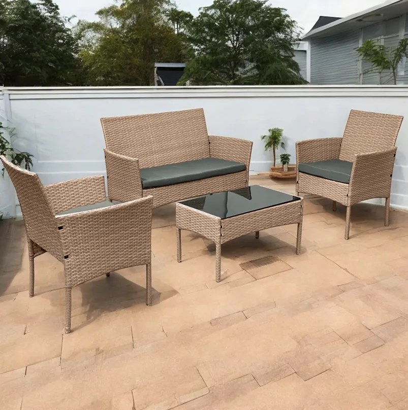 Елегантен ратанов градински комплект с маса с черно стъкло