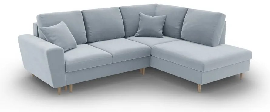 Светлосин кадифен разтегателен ъглов диван с място за съхранение (десен ъгъл/L форма) Kyoto – Cosmopolitan Design