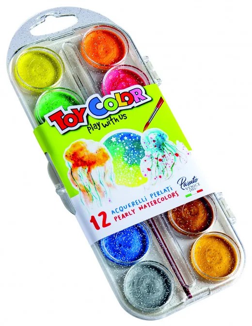 Водни бои Toy Color Pearly, Перлени, С брокат, 12 цвята с четка