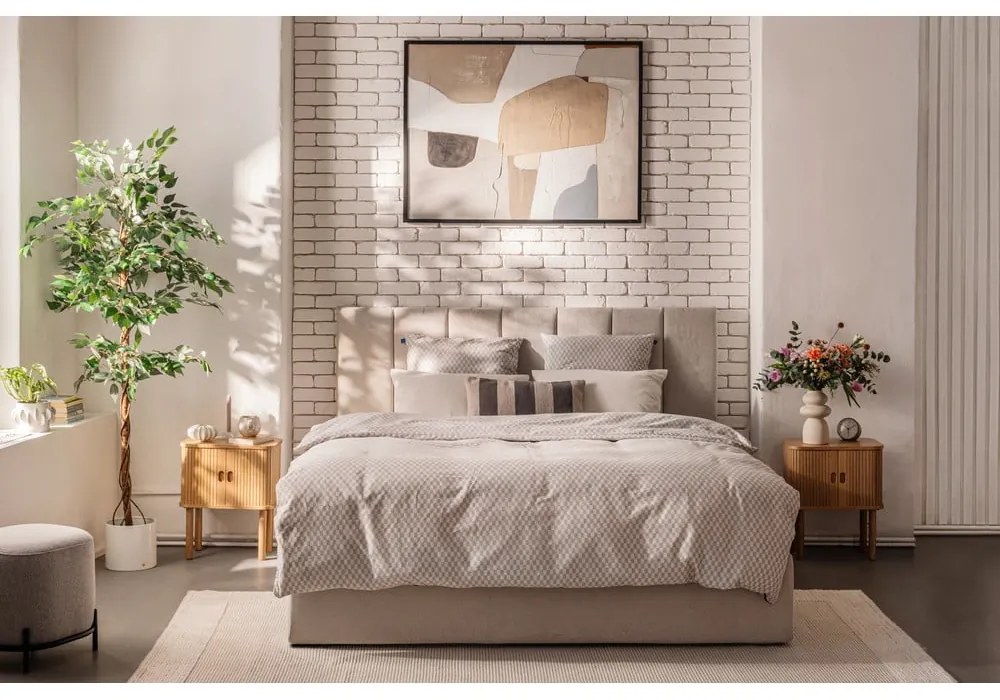 Бежово тапицирано двойно легло с място за съхранение и включена подматрачна рамка 180x200 cm Thessa Bold Line – Bonami Selection