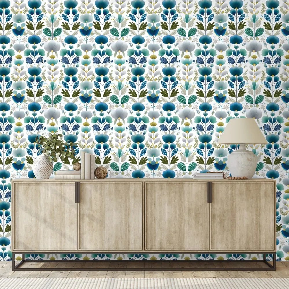 Тапет – Сини цветя на бял фон