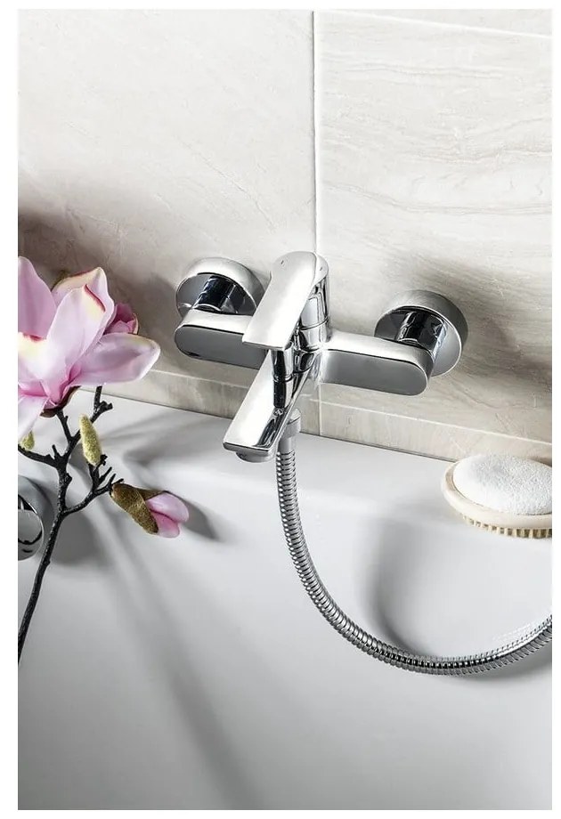 Стенна батерия за вана в лъскаво-сребрист цвят (2 изхода) Pax – Sapho