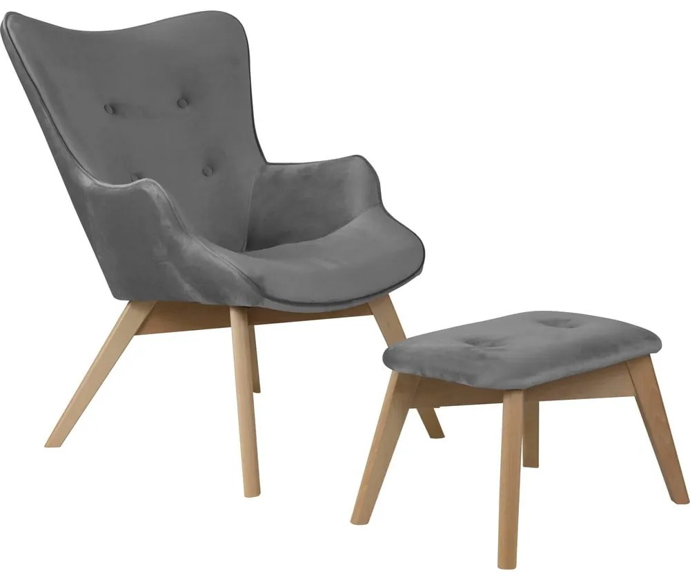 Сив кадифен фотьойл с табуретка Niko – Ropez