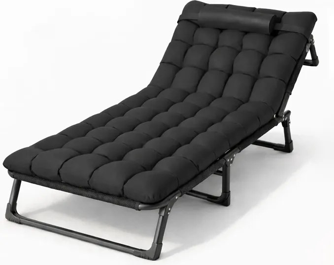 Черно туристическо легло, къмпинг шезлонг 180 см с възглавница и облегалка за глава