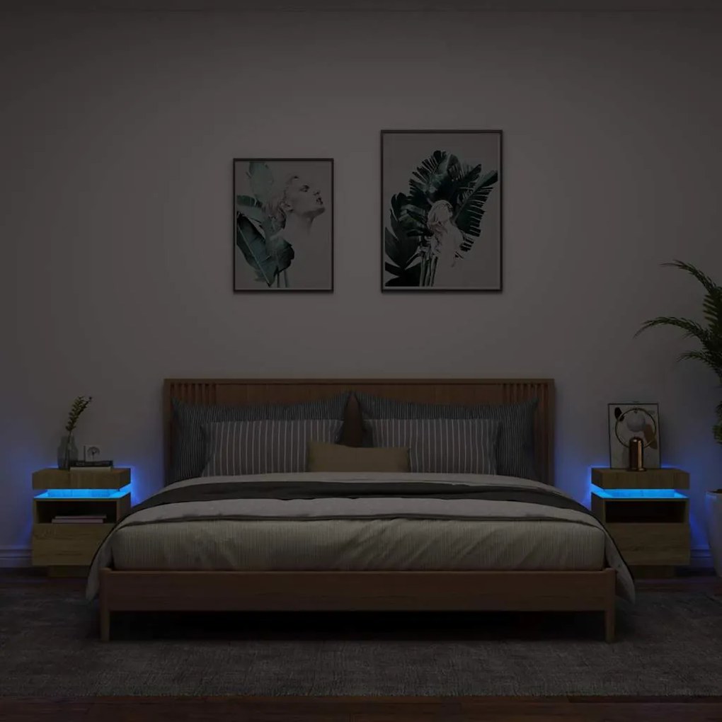836789 vidaXL Нощни шкафчета с LED осветление, 2 бр, сонома дъб, 40x39x48,5см