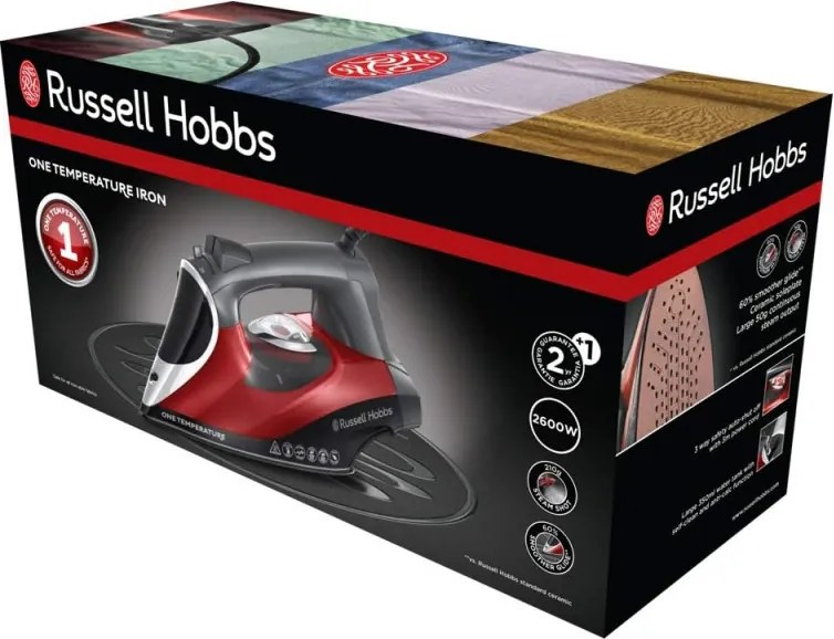 Ютия Russell Hobbs One Temperature 25090-56, 2600 W, Керамична плоча, Една оптимална температура, Самопочистване, 0.35 l, Червен/черен