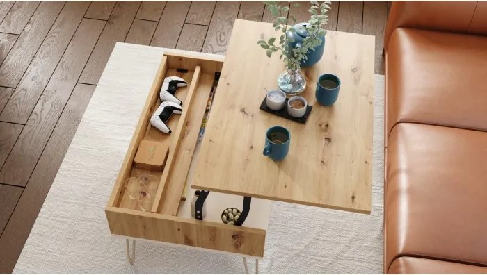 ХЕАРПИН С-90 Дъб Артисан/Бежов (Шампанско) - МОДЕРНА МАСА С ПОВДИГАЩ СЕ ПЛОТ + ОТДЕЛЕНИЕ ЗА СЪХРАНЕНИЕ + РАФТ