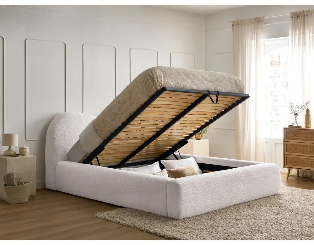 Бяло тапицирано двойно легло с място за съхранение с включена подматрачна рамка 160x200 cm Orlane – Bobochic Paris