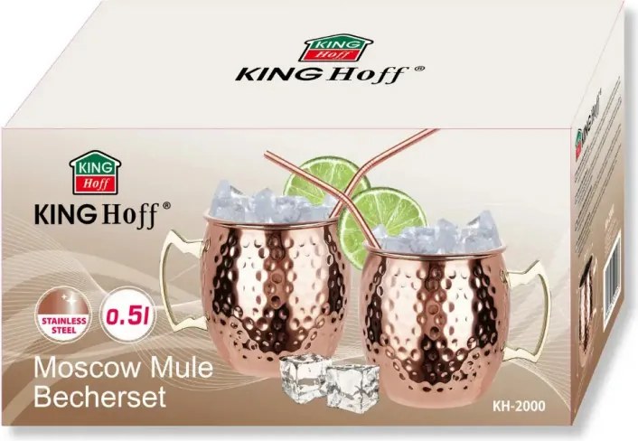 Комплект чаши за Moscow Mule Kinghoff KH 2000, 2 бр, 500мл, 2 сламки, Неръждаема стомана, Меден цвят