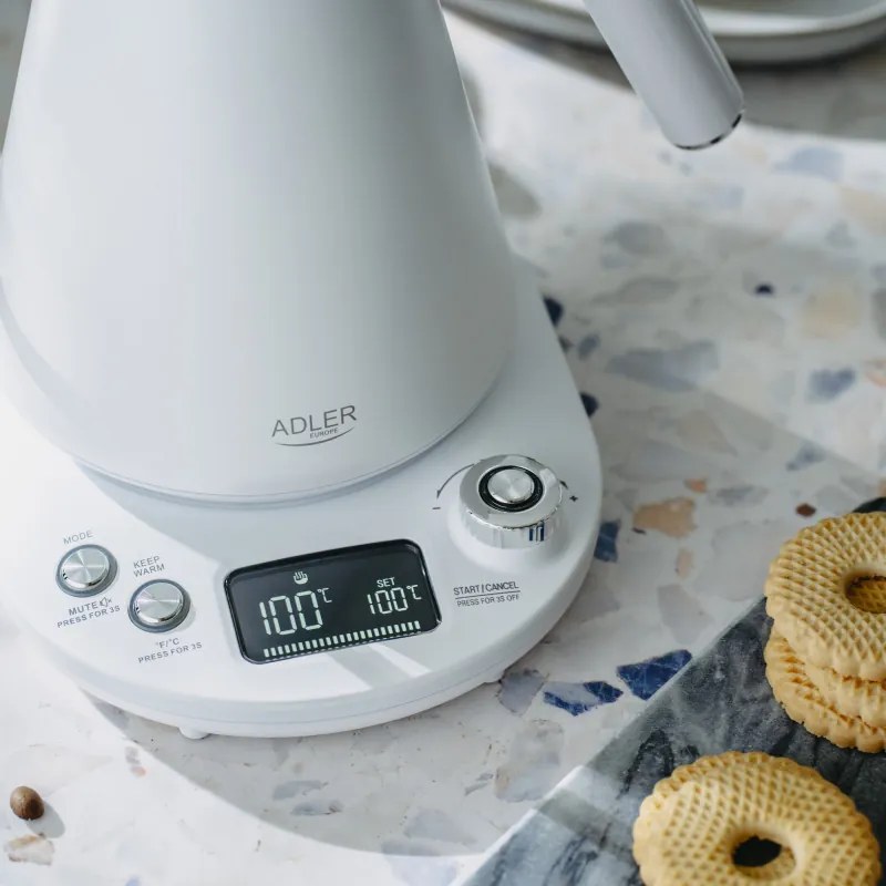Електрическа кана Adler AD 1349W, 1100W, 1 л, 40-100 C, Поддържане на топлината, LED дисплей, Бял