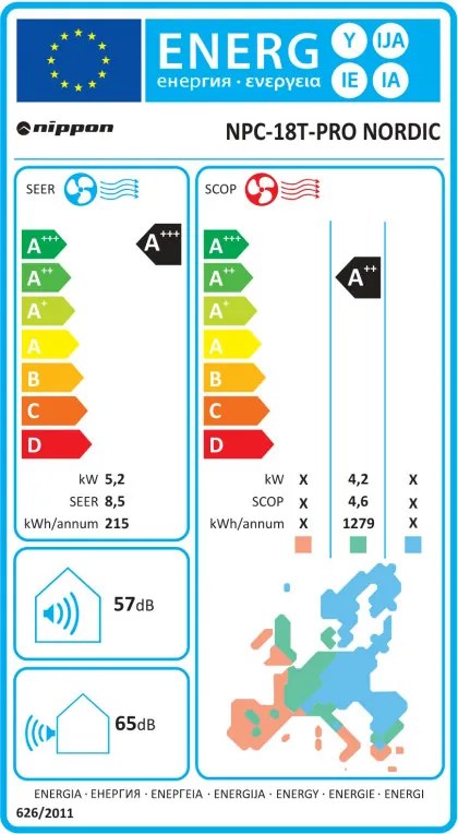 Инверторен климатик Nippon NPC 18 T-PRO NORDIC, 18000 BTU, 35 м2, A+++/A++, R-32, Бял