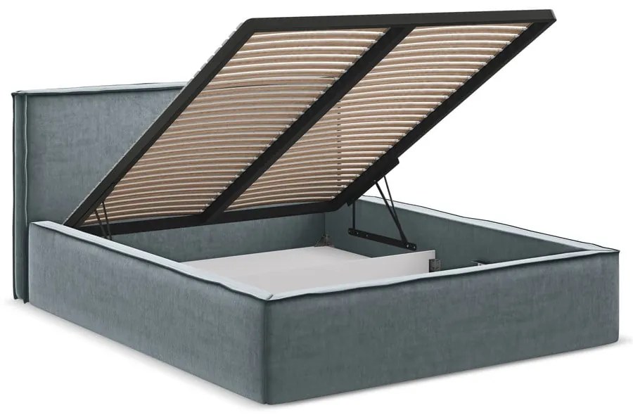 Светлосиньо двойно тапицирано легло с място за съхранение и включена подматрачна рамка 160x200 cm Anani – Makamii