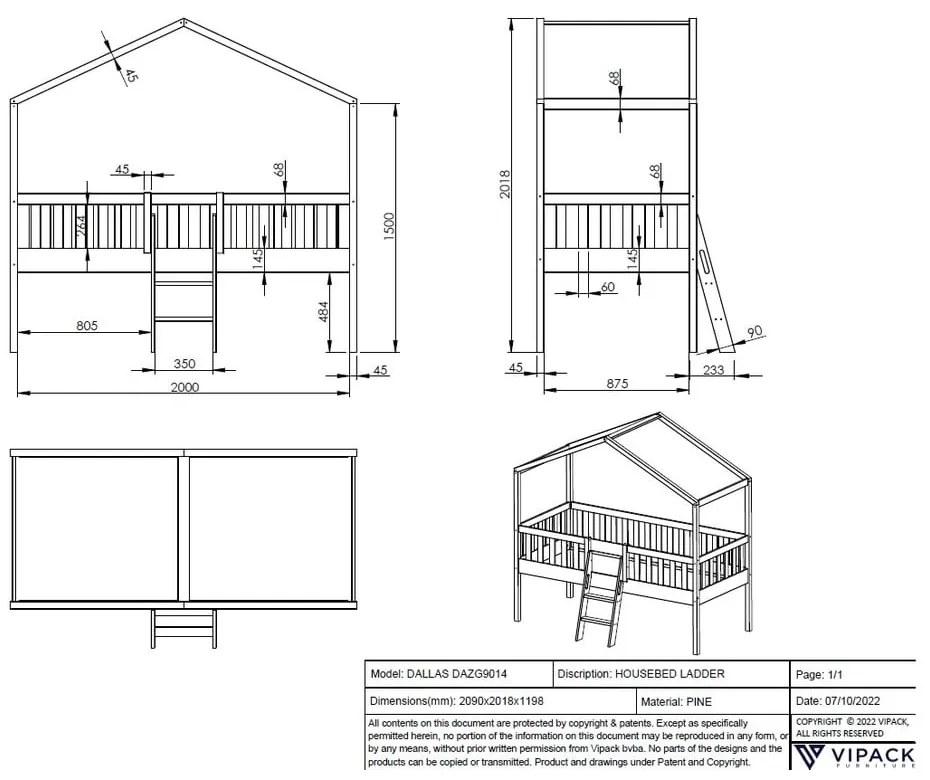 Детско легло от бял повдигнат бор 90x200 cm DALLAS - Vipack