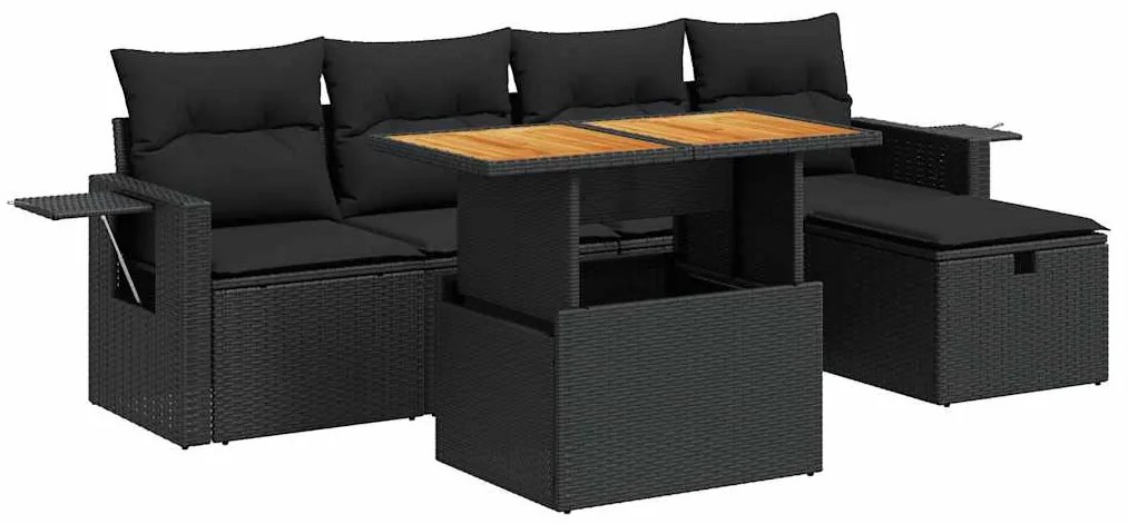 3328021 vidaXL Градински диван с възглавници, 6 части, черен полиратан, акация