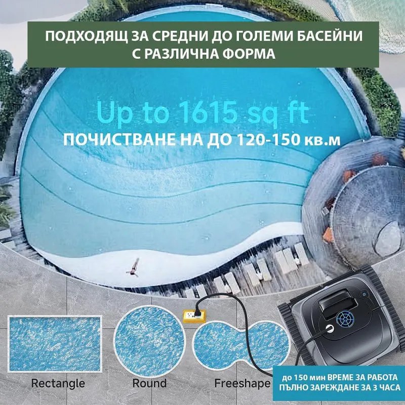 Безкабелен робот за почистване на басейни Wybot C1, 65W, SMART, За до 150 м2, 4 режима, Self-parking, Auto-reverse, IPX8, Черен