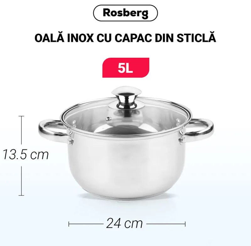 Тенджера Rosberg R51210O24, 5L, 24 см, Стъклен капак с отвор за пара, Инокс