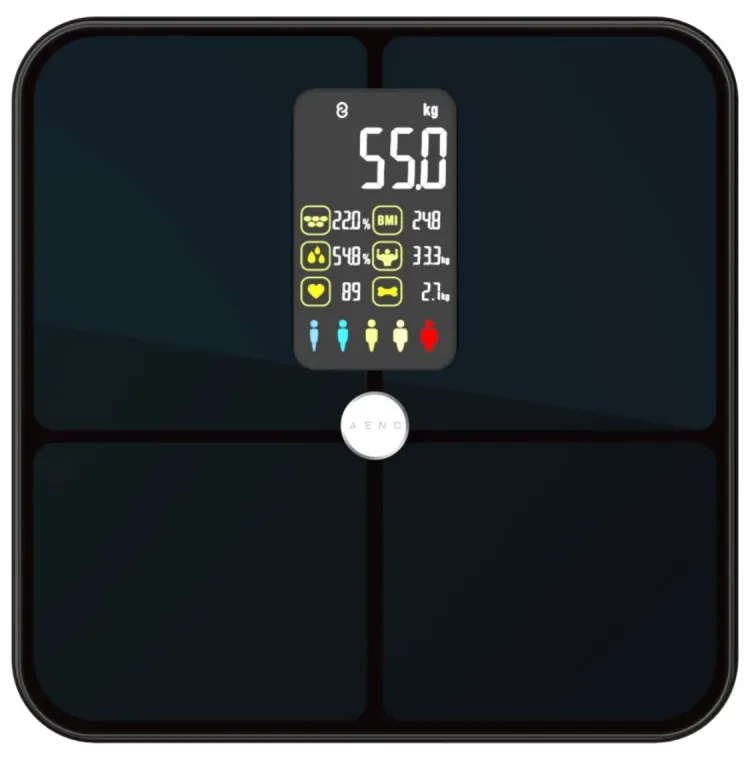 Смарт кантар AENO ABS0002S, До 180 кг, 11 профила, 16 показателя, ИТМ, LED, Закалено ITO стъкло, Черен