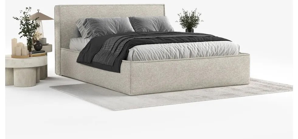 Светлосиво двойно легло 160x200 cm тапицирано с място за съхранение с включена подматрачна рамка Lounge L – Maison de Rêve