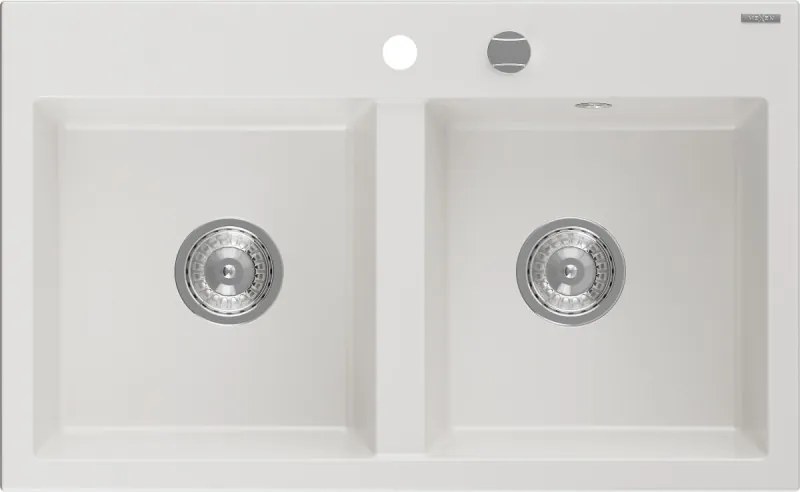 Mexen Hektor мивка от гранит 2-камерна 800 x 480 mm, бяла, сифон хром - 6521802000-20
