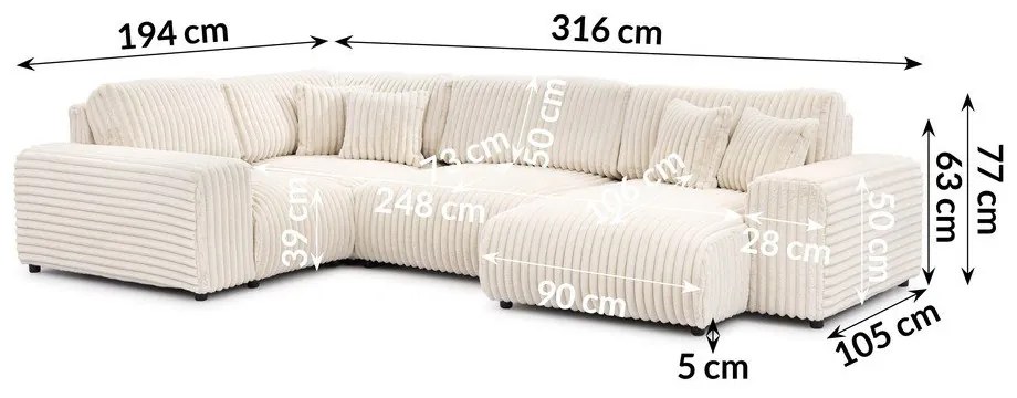 Кремав ъглов диван от рипсено кадифе (ляв ъгъл/U форма) Justin – Ropez