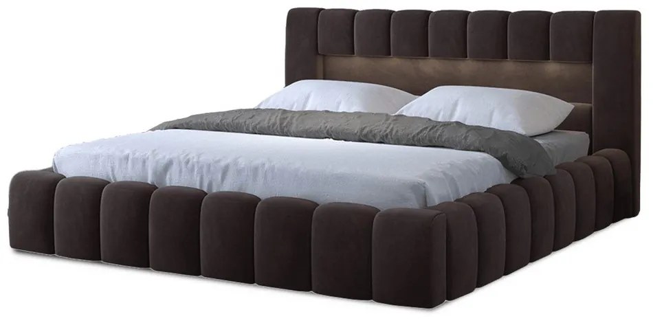 Тъмнокафяво двойно легло 140x200 cm тапицирано с място за съхранение с включена подматрачна рамка Lamica – ELTAP