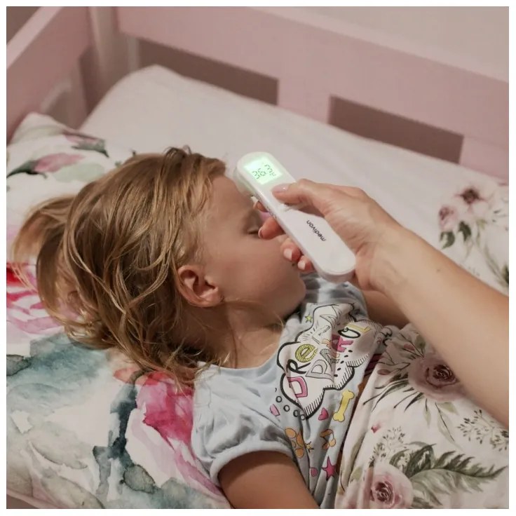 Безконтактен термометър Medivon Timi Smart Verona, Инфрачервен, За деца, Измерване за 1 секунда, Памет, Цветова индикация, LCD, Звук, Лазер, Бял