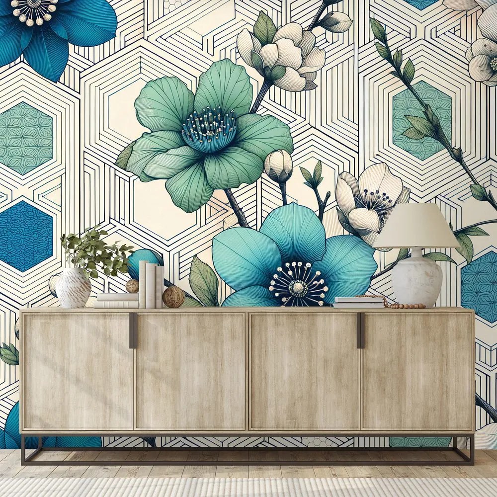 Тапет – Сини цветя с геометричен фон