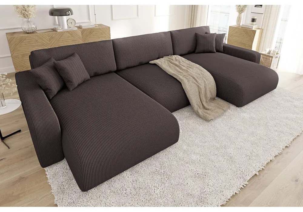 Кафяв ъглов диван с място за съхранение от рипсено кадифе Sara – Ropez