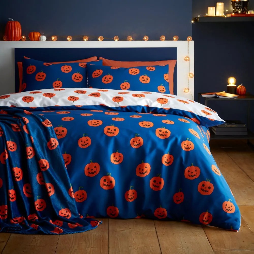 Синьо -оранжево двойно удължено спално бельо 230x220 cm Halloween Pumpkins – Catherine Lansfield