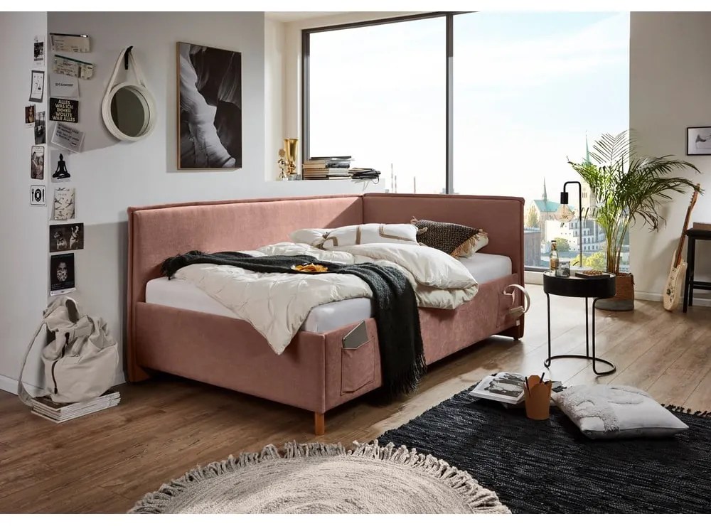 Розово тапицирано ъглово детско легло 120x200 cm без ламелно дъно Fun – Meise Möbel