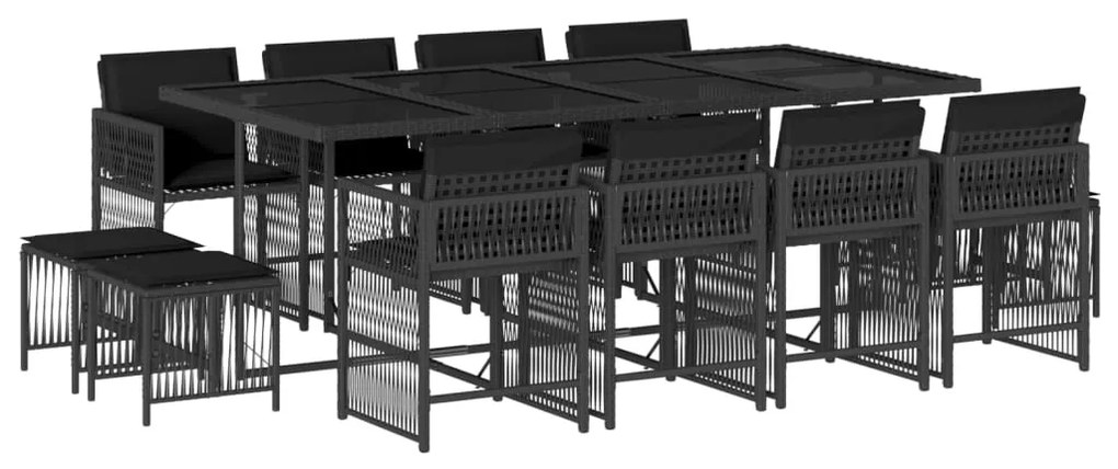 3211699 vidaXL Външен трапезен комплект 13 части с възглавници черен полиратан
