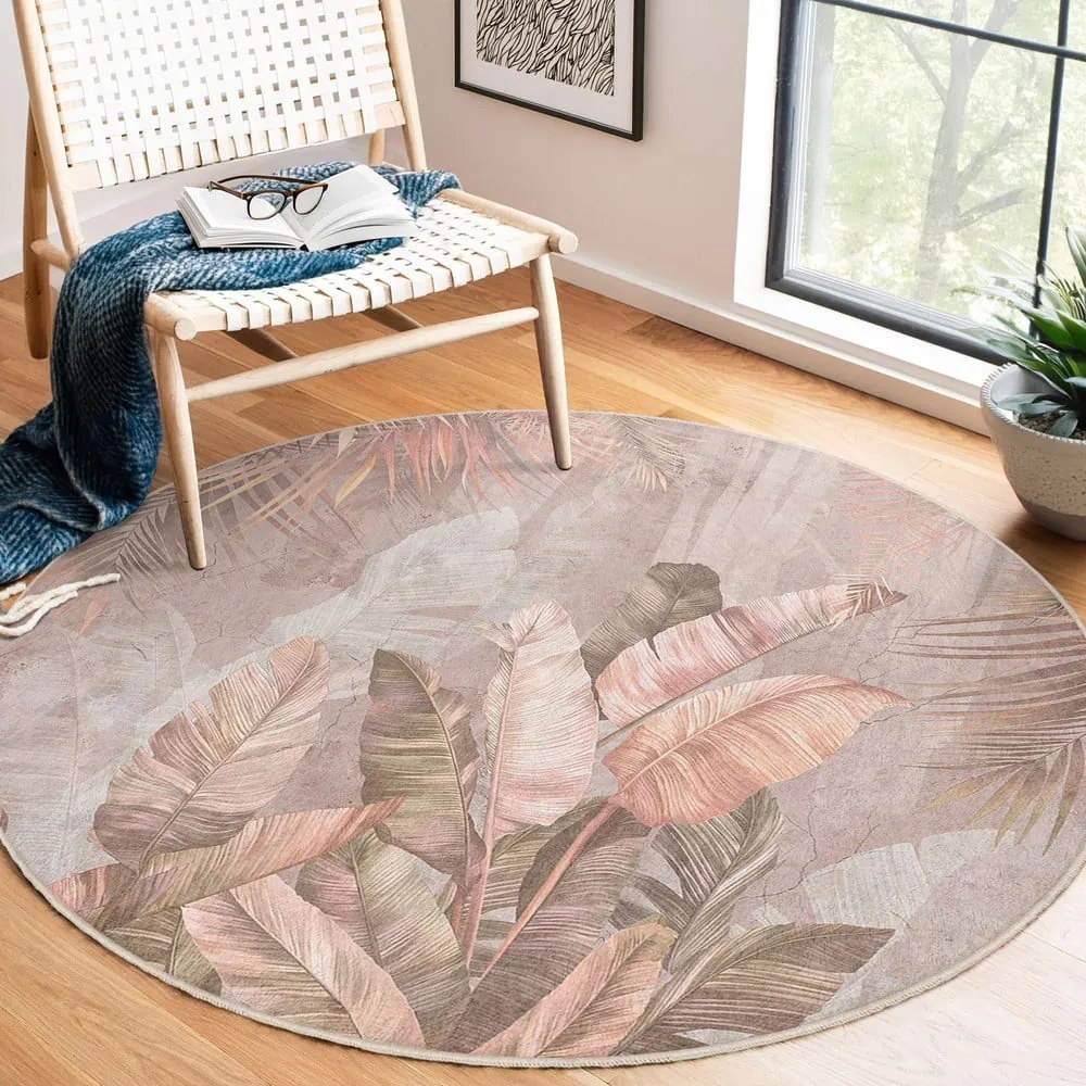 Светлорозов кръгъл килим подходящ за пране ø 120 cm Dusty Leaves – Mila Home