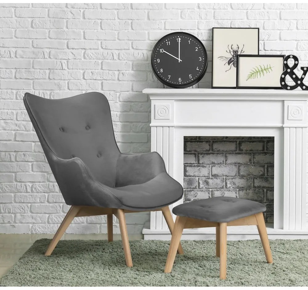 Сив кадифен фотьойл с табуретка Niko – Ropez