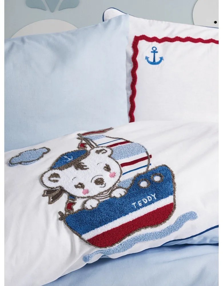 Бяло-синьо памучно детско спално бельо с включен долен чаршаф, 4 части 100x150 cm Miniyo – Mijolnir