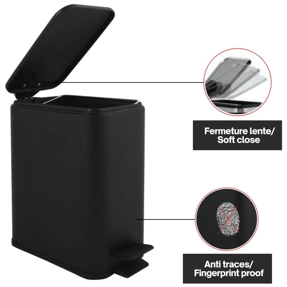 Матово черно стоманено кошче за боклук с педал 5 l Erik – Spirella