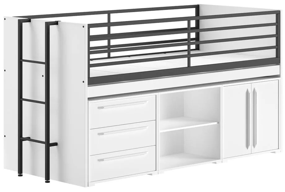 Бяло повдигнато детско легло с място за съхранение и включена подматрачна рамка 90x200 cm Sam – Vipack