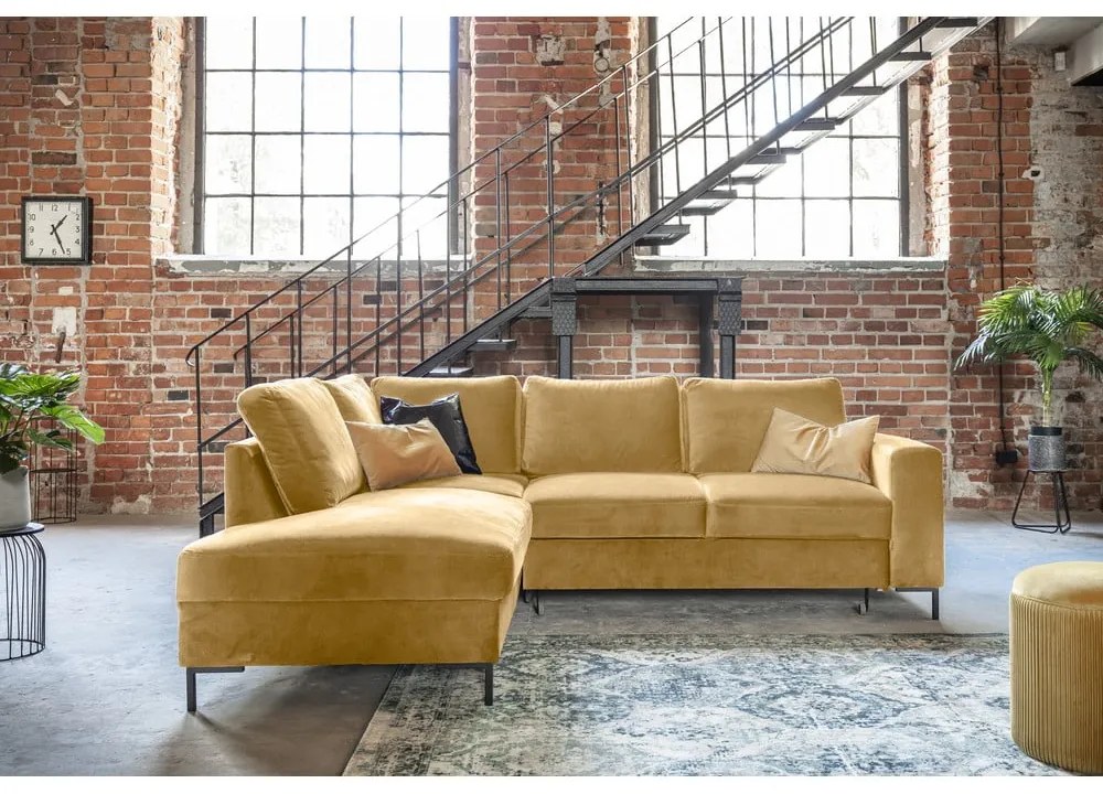 Жълт кадифен разтегателен ъглов диван (ляв ъгъл) Lofty Lilly – Miuform