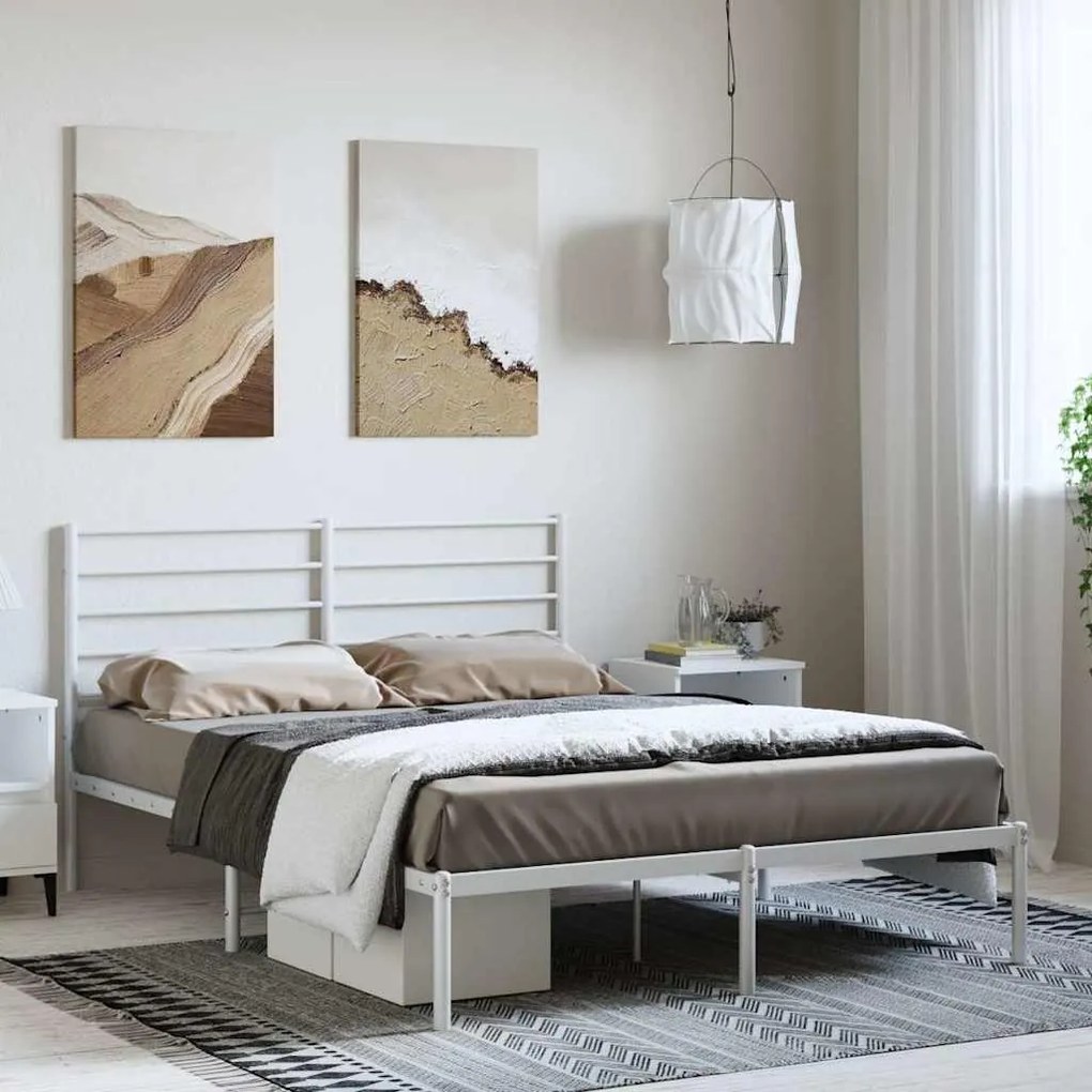 352370 vidaXL Метална рамка за легло с горна табла, бяла, 150x200 см