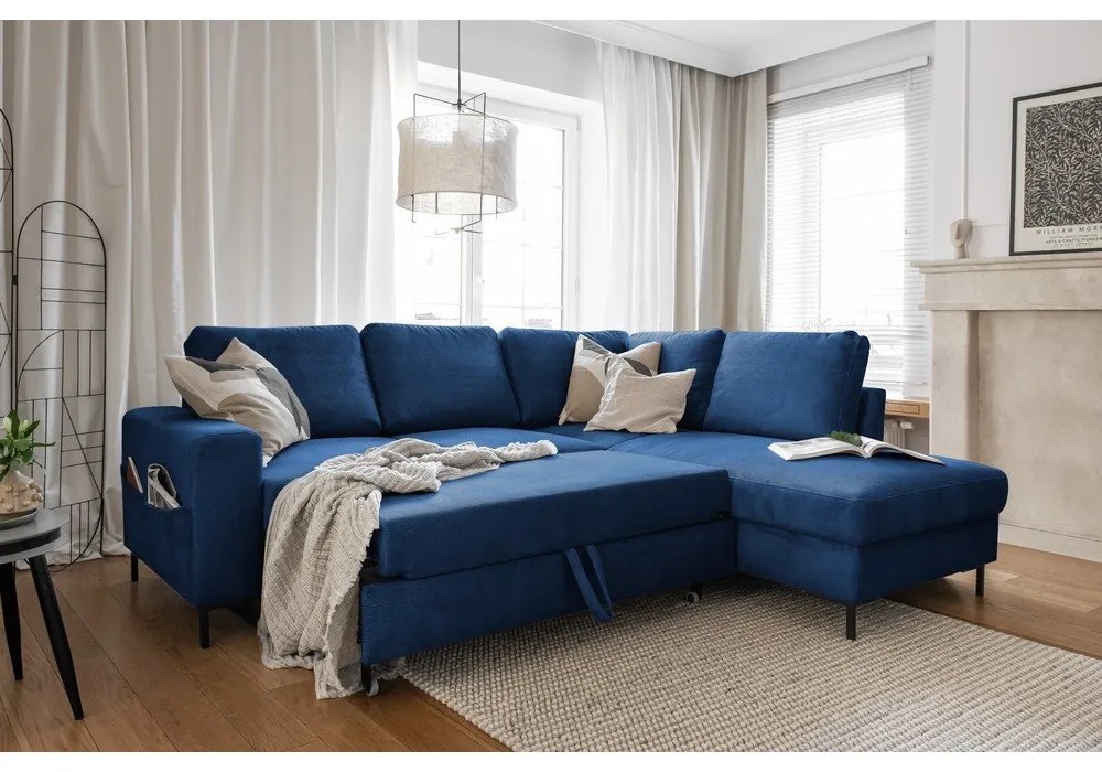 Тъмносин разтегателен ъглов диван от рипсено кадифе (десен ъгъл) Lofty Lilly – Miuform