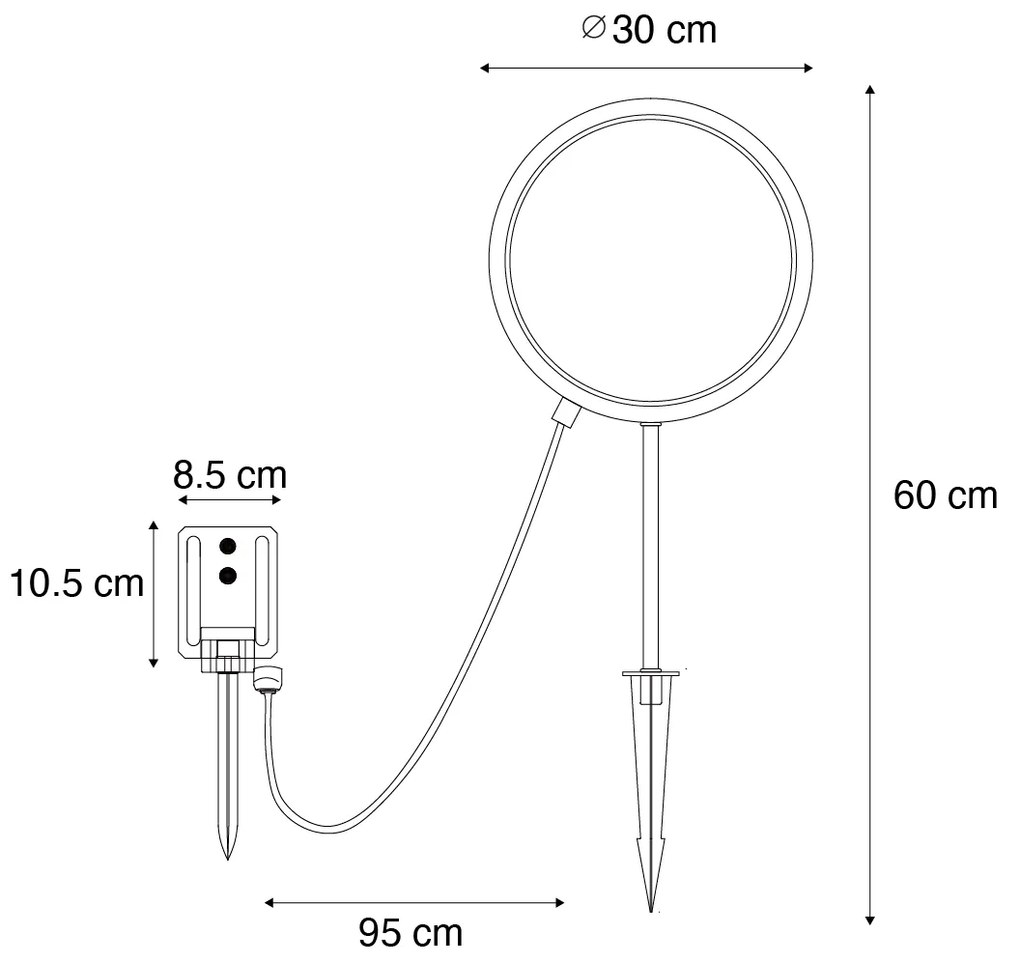Шпикова лампа черна 60 см с презареждаема LED и слънчева IP65 - Adalind