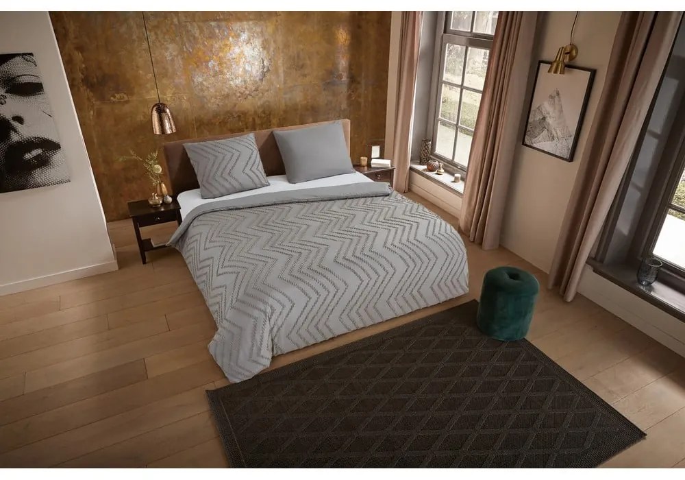 Сиво/кафяво единично удължено спално бельо от микрофибър 140x220 cm Pure Zigzag – Good Morning