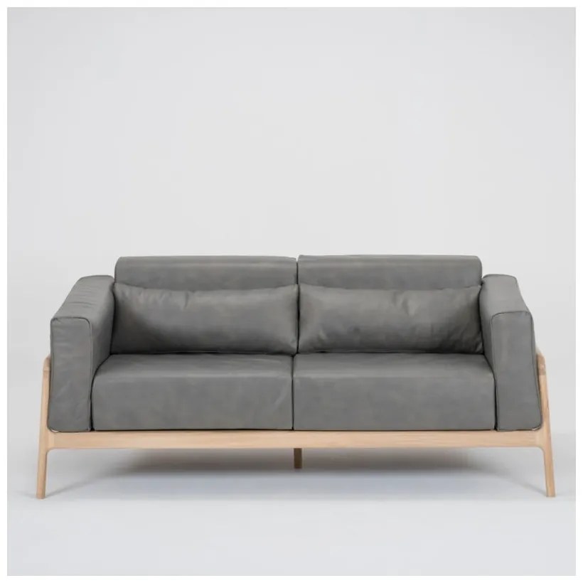 Тъмно сив диван от биволска кожа с масивна дъбова конструкция , 180 см Fawn - Gazzda