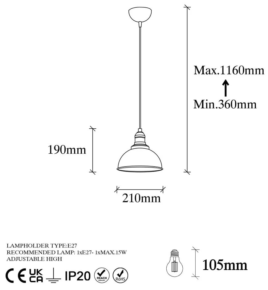 Черно висящо осветително тяло с метален абажур ø 21 cm Varzan – Opviq lights