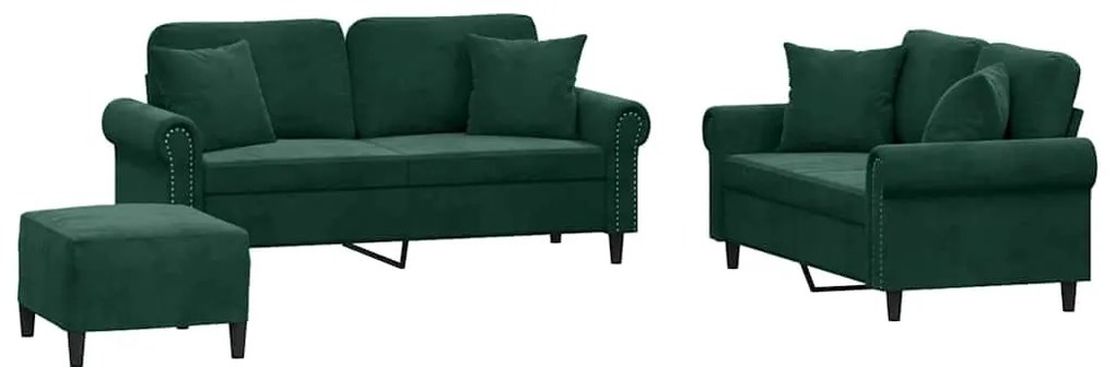 3202242 vidaXL Комплект дивани 3 части с възглавници, тъмнозелен, кадифе