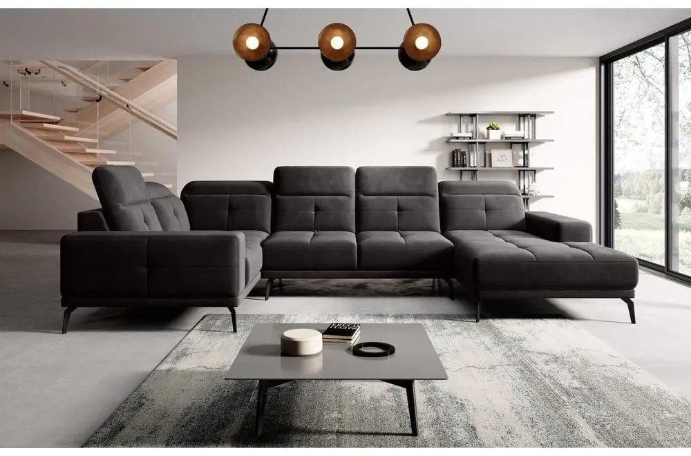 Черен кадифен ъглов диван (ляв ъгъл/U форма) Neviro – ELTAP