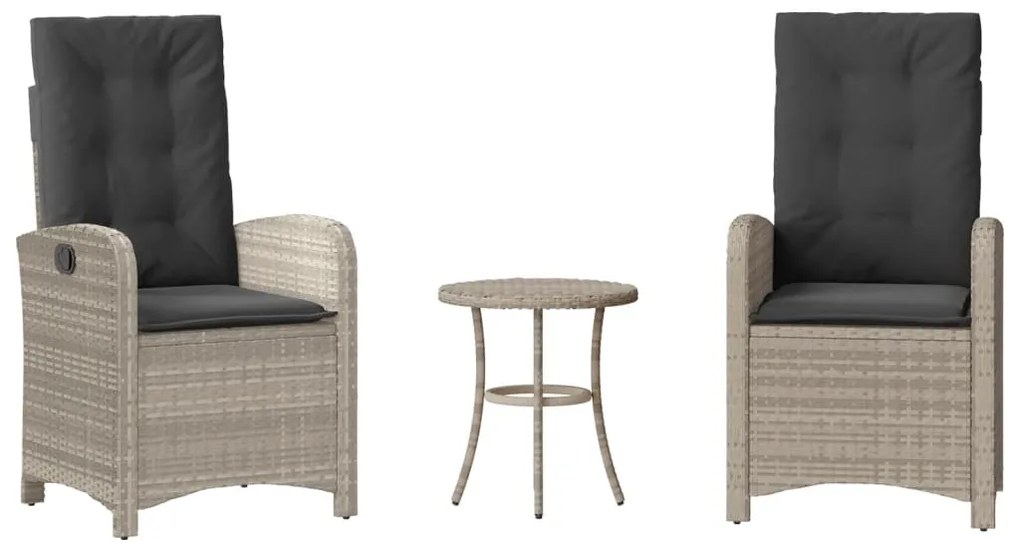 365182 vidaXL Бистро комплект с възглавници 3 части светлосив полиратан